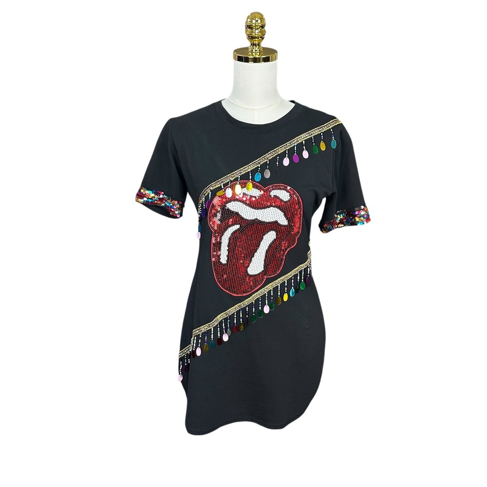 Rock Band Inspired Sequin Tongue Graphic T-Shirt Mini Dress‎ Black Small